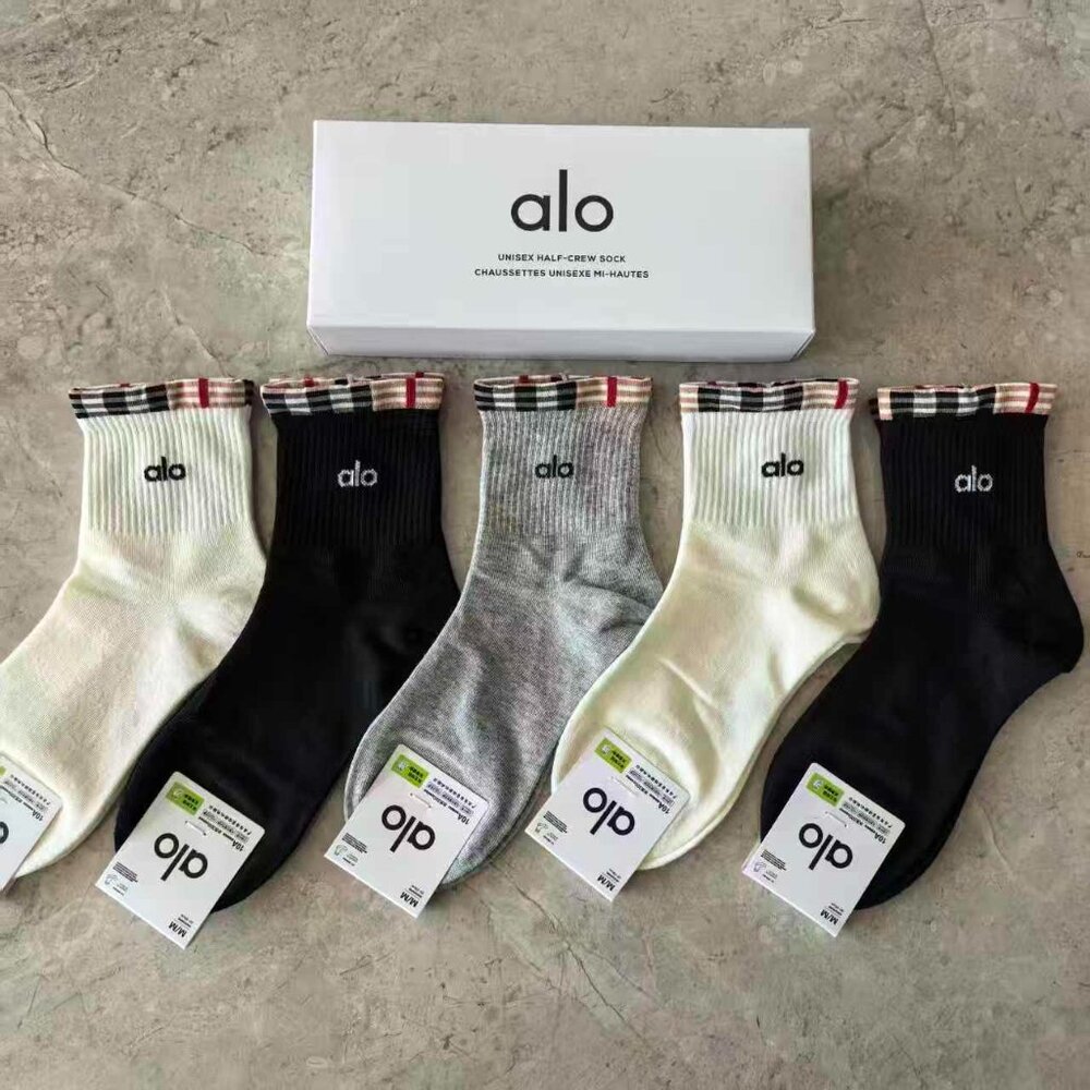 A10- ALO Yoga Women's Essential Plaid Trim Half-Crew Socks 5-Pair Box Set - NWT